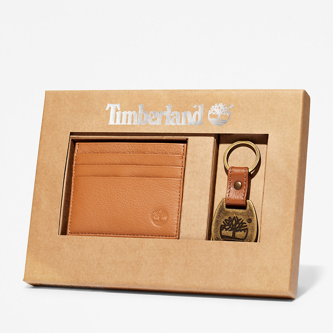 Timberland Mens Leather Card Holder & Keyring Gift Set in Brown