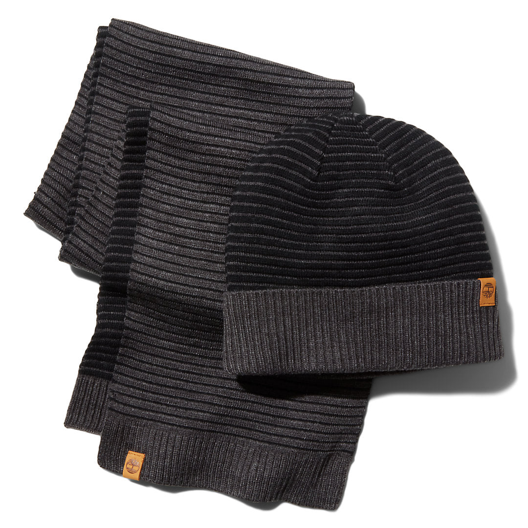 Timberland Mens Ottoman-Rib Beanie and Scarf Gift Set for Men in Grey