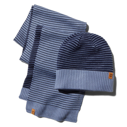 Timberland Mens Ottoman-Rib Beanie and Scarf Gift Set for Men in Blue